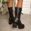 Herbst Damen Mid-Calf Stiefel Blockabsatz Runde Zehenpartie Plateau Stiefel Schwarzes Leder Seitenreißverschluss Botas Mujer Große Größe 35-43 Mode