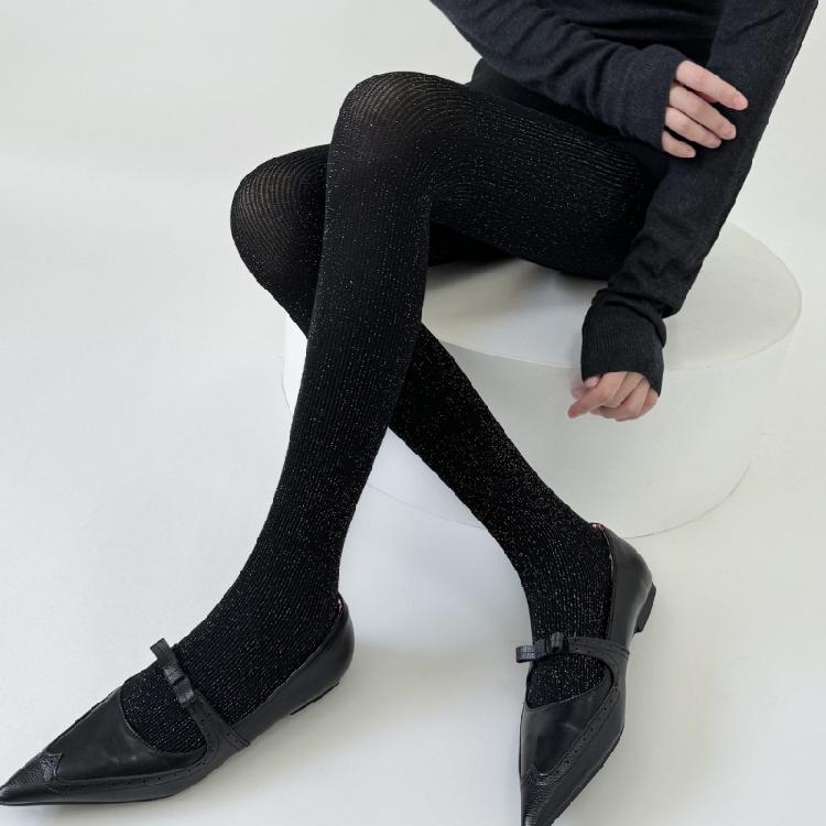 Women Vintage Shimmering Ribbed Striped Opaque Pantyhose 90s Winter Fall Basic Bottoming Tights Stockings Leggings