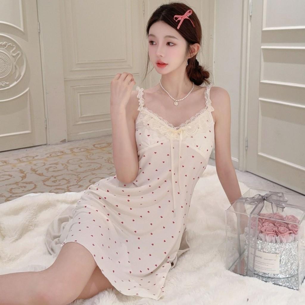 Ice Silk Sleep Dress For Women With Vneck Sleeveless Cute Heart Pattern Summer Nightwear