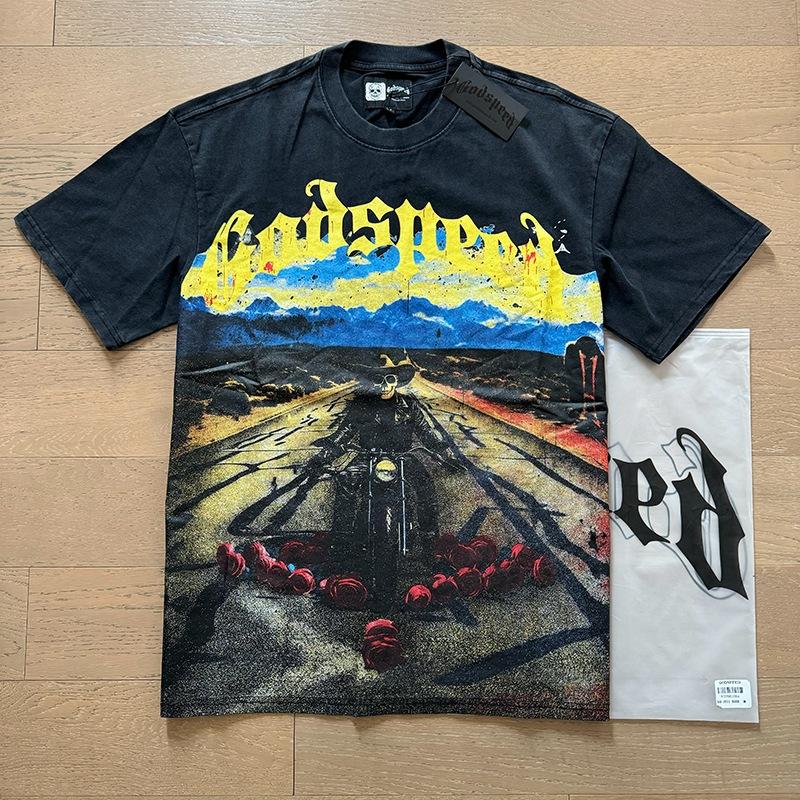 Godspeed retro printing foreign trade beauty tide high street men and women casual trend hip hop apricot old short sleeve T-shirt