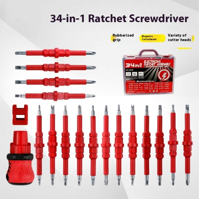 Professional 34pc Magnetic Screwdriver Kit Interchangeable Double Heads 3 Way Ratchet System Ergonomic Nonslip Handle