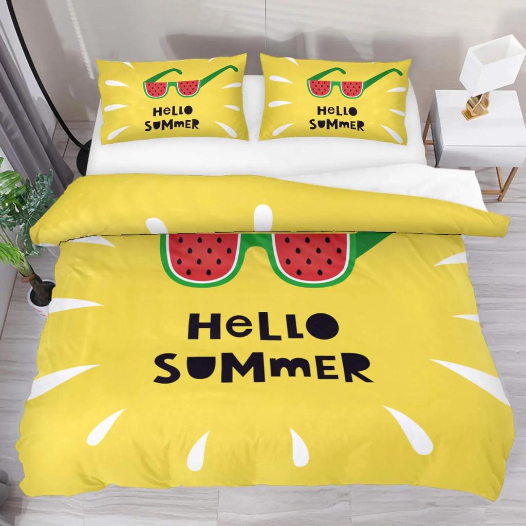 Hello Summer Duvet Cover Set Watercolor Watermelon Fruits Bedding Set Summer Holiday Theme Blue Rustic Cabin Comforter Cover