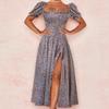 Sexy, geblümtes Clubkleid mit Puffärmeln, elegantem, langem Partykleid mit Schnürung und hohem Schlitz für Damen, süßes Sommerkleid