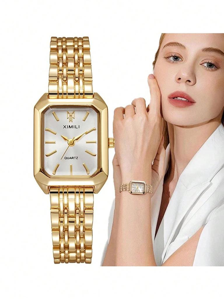 1pc Women's Fashion Quartz Watch, Simple Dial Square, High-Quality Gold Plated, Stainless Steel Strap, Suitable For Birthday, Anniversary