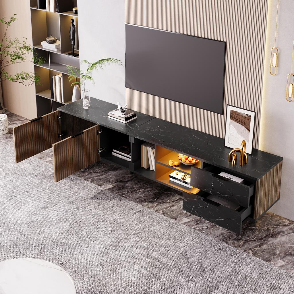 200cm TV Cabinet with Black Marble Look, Dark Wood Grain Doors, Adjustable LED Lighting, Two Doors and Two Drawers, Suitable for Robot Vacuum Cleaners