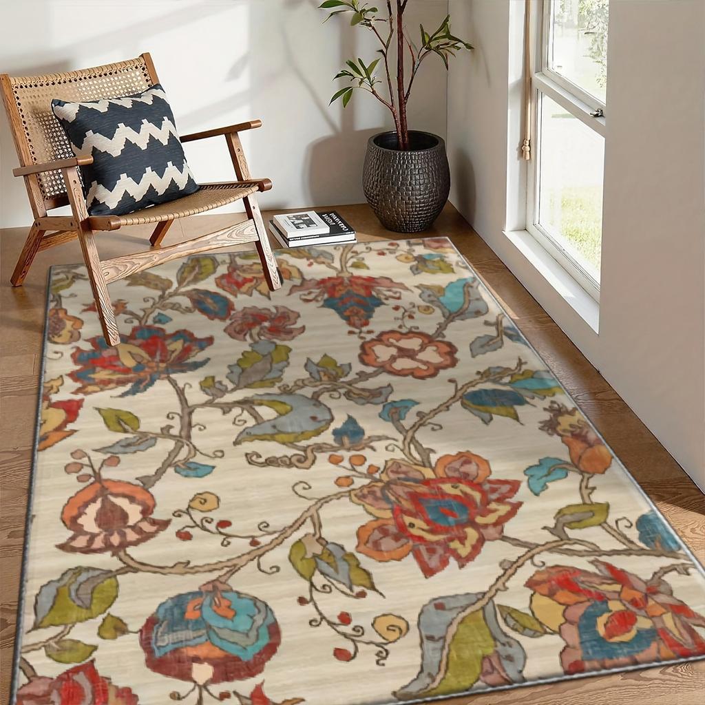 Traditional Floral Area Rug Soft Polyester, Machine Washable Easy Clean, for Living Room, Bedroom, Office, Cafe, Floor Decor