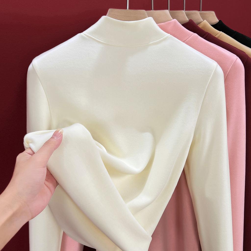 Semi-turtleneck silk thermal underwear women's top, piled and thickened inside, including wool bottoming shirt, heating autumn clothes winter