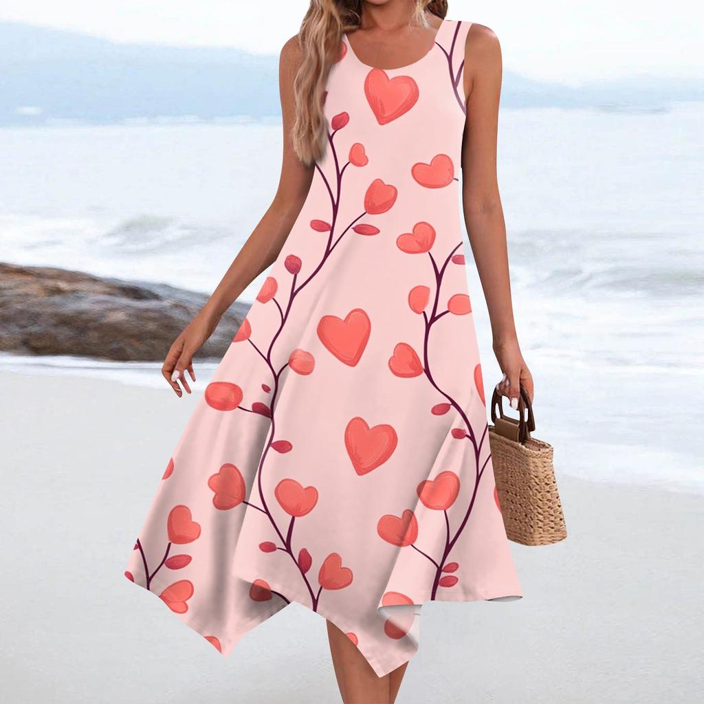 Lässiges, modisches Damen-Midikleid mit Rundhalsausschnitt, ärmellosem Aufdruck und unregelmäßigem Saum