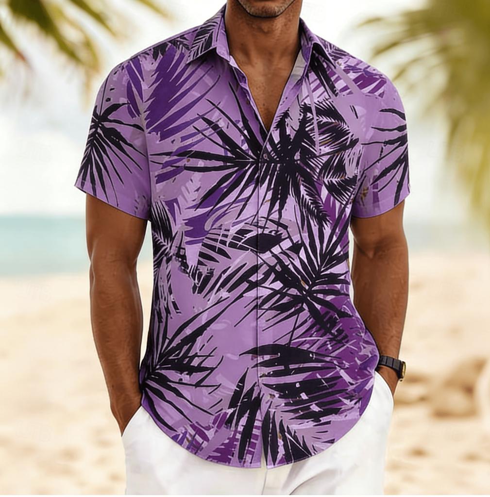 Men's Brushstroke Palm Leaf Print Short Sleeve Shirt, Spring Summer Artistic Hawaiian Vacation Blouse, Loose Casual Top