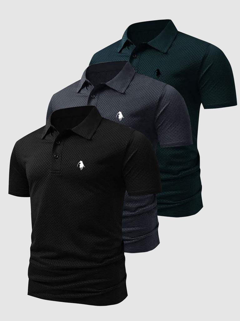 3pcs Men's Summer Quick-Dry Polo Shirts, Solid Color Lapel Tops, Multi-Color Pack, Soft Breathable, Daily & Business Wear