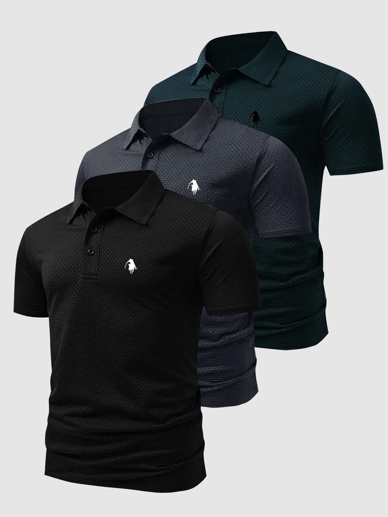 Trends Clothing 3 stuks Zomer Heren Sneldrogende Poloshirts, Effen Kleur Kraag Tops, Multi-Color Pak, Zacht Ademend, Dagelijkse & Zakelijke Kleding XL zwart/marineblauwe kleur