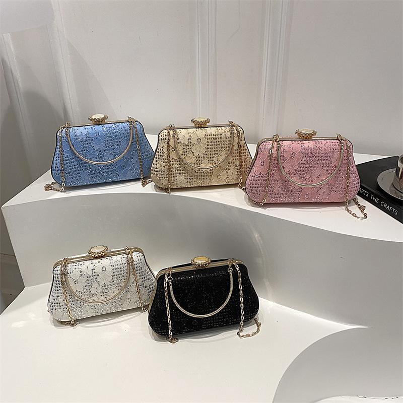 Luxury Polyester Fiber Evening Bags Rhinestone Chain Banquet Bag Clutch Handbag Women