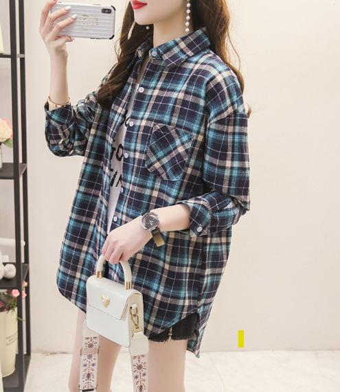 Spring and Autumn Lapel Button Plaid Shirt Women's Mid-length Sunscreen Jacket