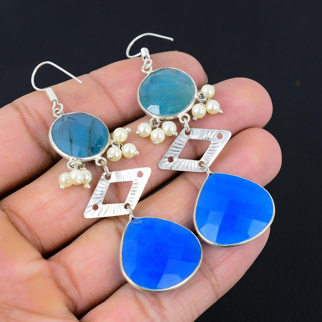 Sisters Day Deal 925 Silver Blue Sapphire Gemstone Drop Dangle Birthday Earrings