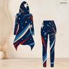 Women Plus Size Navy Blue Firework Star Printed Hooded Long Sleeve High Low Top Fitted Pants Two Piece Set