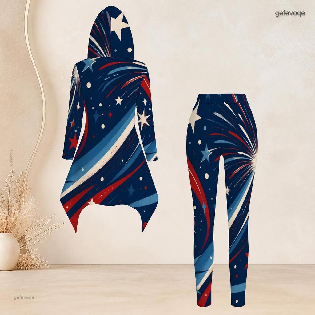 Women Plus Size Navy Blue Firework Star Printed Hooded Long Sleeve High Low Top Fitted Pants Two Piece Set