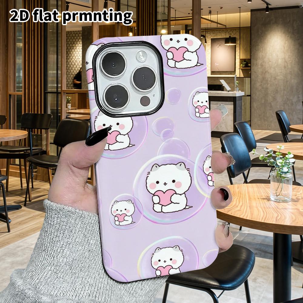 Phone Case: 2D Flat Design Suitable for iPhone 18, 17, 16, 15, 14, 13 Pro Film Protection Case, Couple Style, Bubble White Cat, Christmas and Hallowee