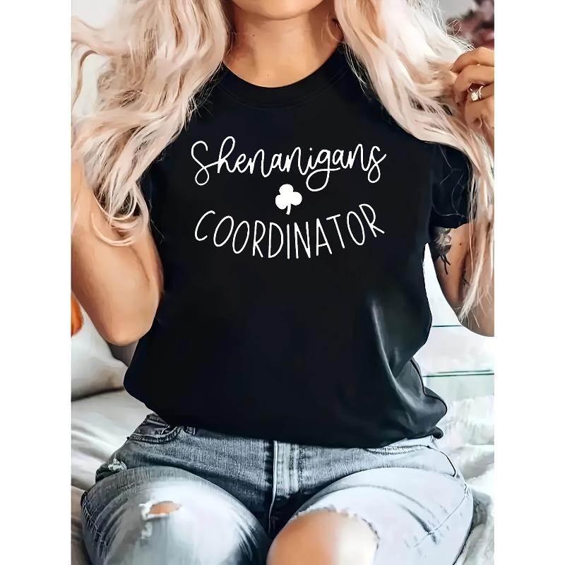 

Women s T-shirt, St. Patrick s Day Shenanigans COORDINATOR Shamrock Pattern Print T-shirt, Black Short Sleeve Crew Neck Printed Tee 4XL чорний