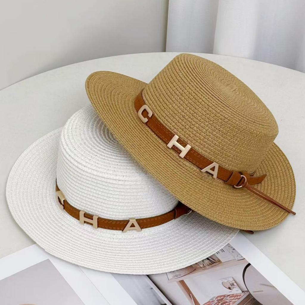 New straw hat women's summer vacation rhinestone letter CHA belt personalized flat top hat British style