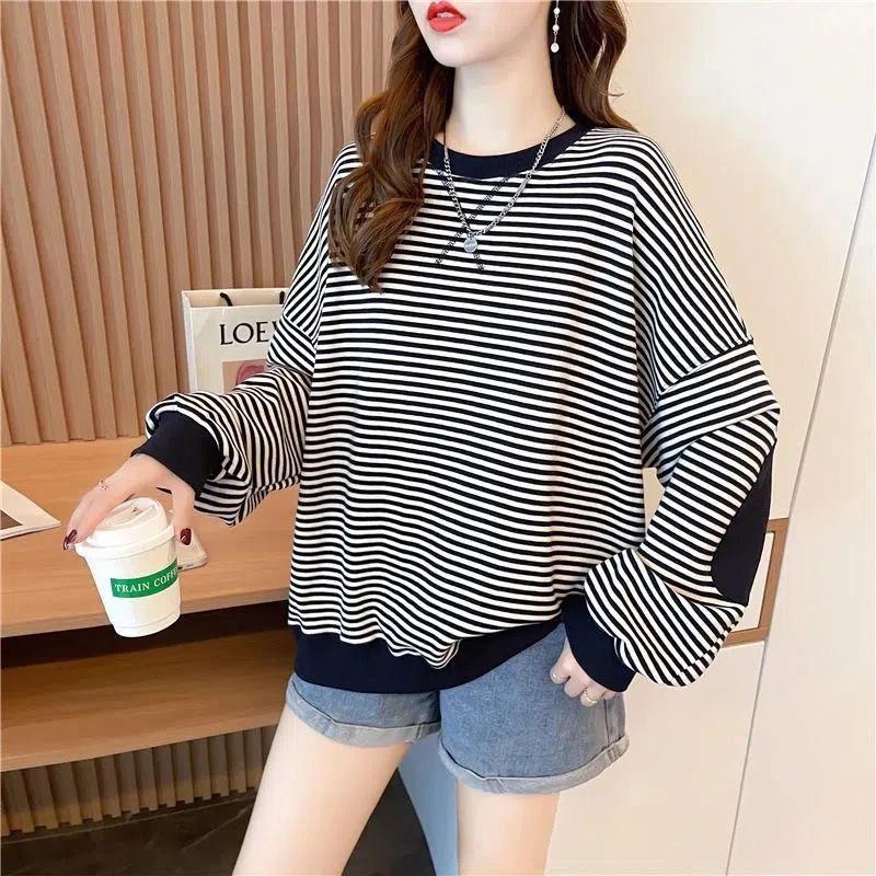 

Sweatshirt for Women Oversize Stripes Thickened Loose Round Neck Casual Pullover Long Sleeve Winter Sweatshirt Top XXXXL чорний
