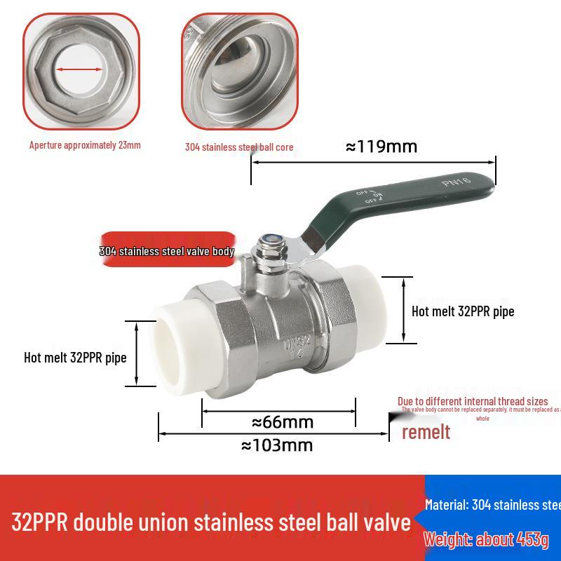 4-Point Double Union 20PPR Stainless Steel Ball Valve for Household Water Pipe Fittings