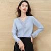 Women's V-Neck Long-Sleeve Lace Trim Blouse
