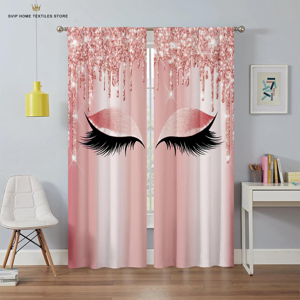 Thin Eyelash Eyes Shading Curtain for Living Room, Bedroom, Children, Windows, Bathroom Decor, Pink, Blue, Yellow, 2Pieces