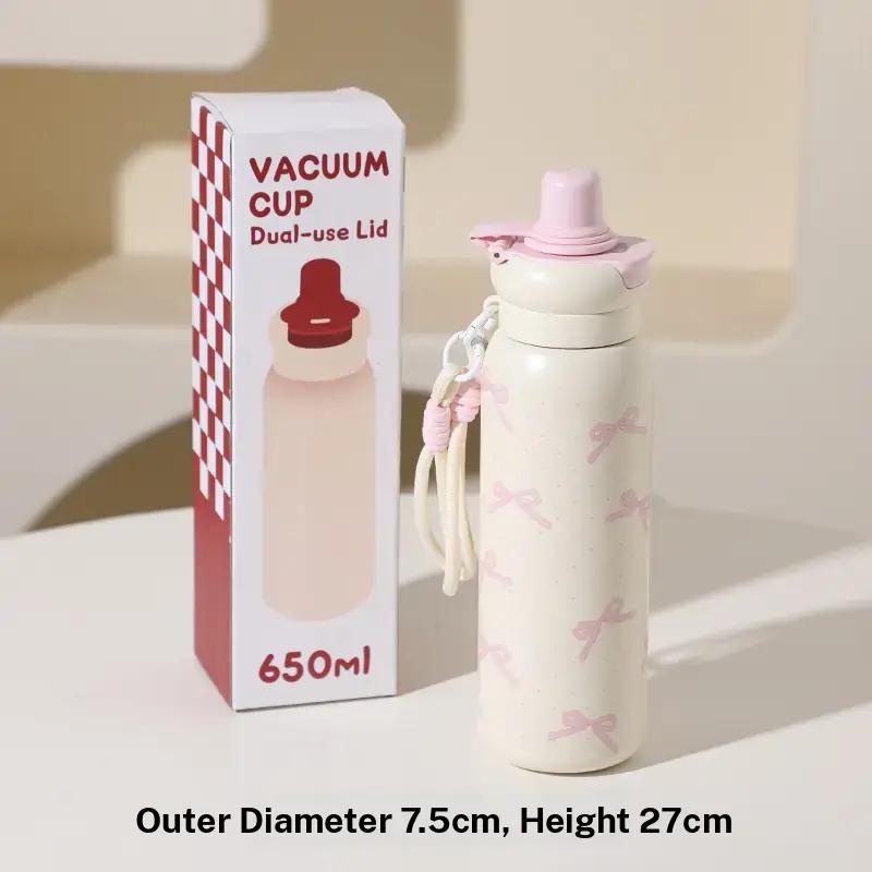 

Cute Cartoon Fashion Straw Cup Large Capacity Student Dual Water Bottle, Stainless Steel Insulated Flask, Bow Bear Pattern 650ml розовый