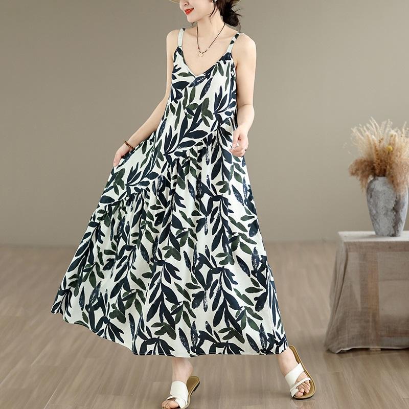 Sleeveless Strap Plus Size Cotton Vintage Flora New In Dresses For Women Casual Loose Long Summer Dress Elegant Clothing