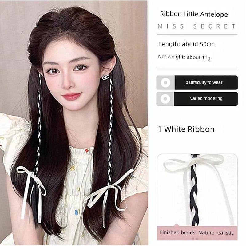

Ribbon Braid Bows Wig Female Ins Ballet Twist Braid Hair Grip Sweet Cool Boxing Braid Dreadlocks Horse Tail [Creamy-white] ins Style Ribbon Braid-Pair