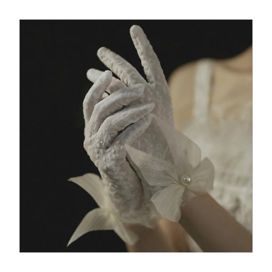 Satin Bride Gloves Short Tulle Wedding Gloves Sheer Wrist Gloves with Bow Faux Pearls for Prom Evening Opera Tea Party