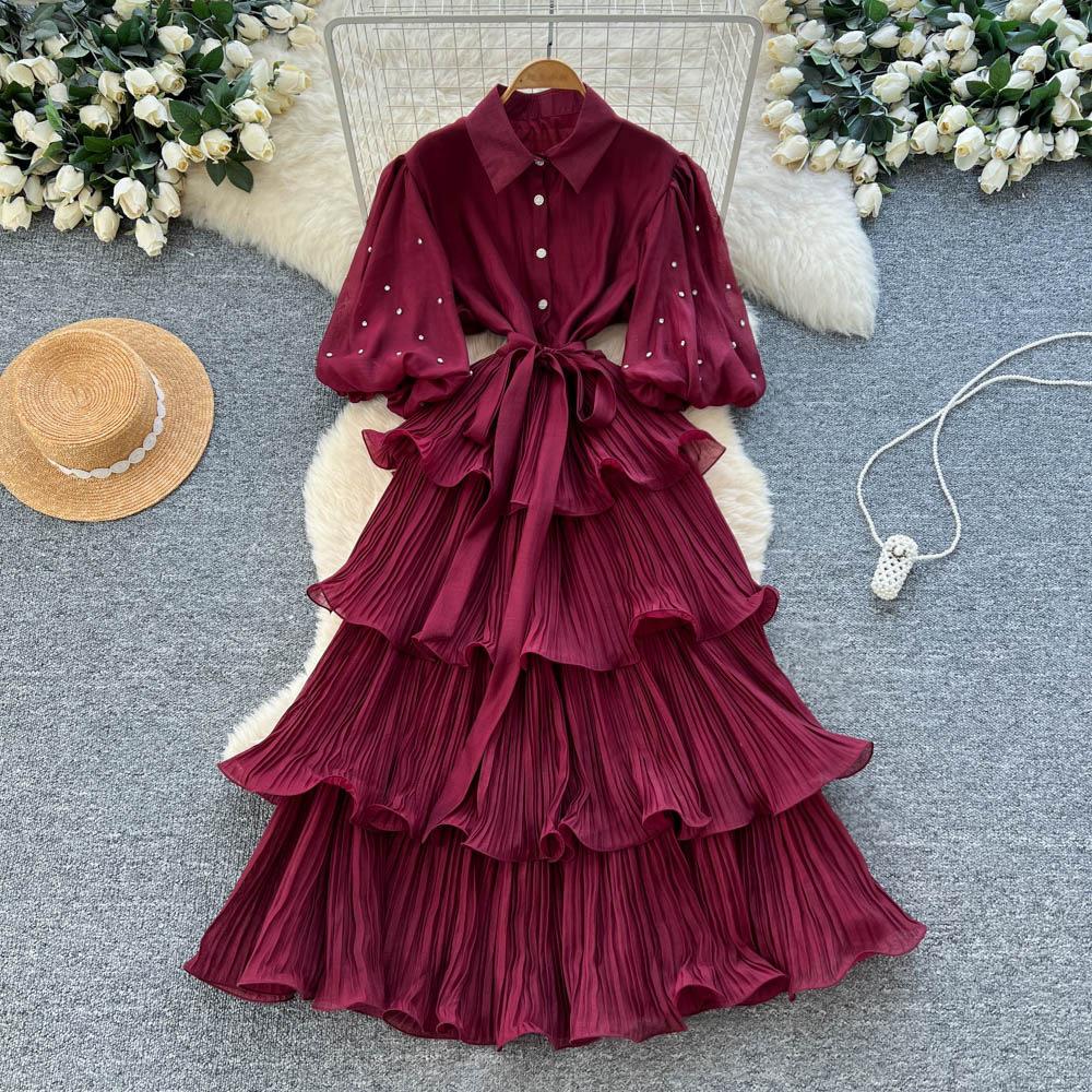 French retro court style heavy industry nails, drilled lantern sleeves, straps, waist and thin temperament ruffle edge pleated dress