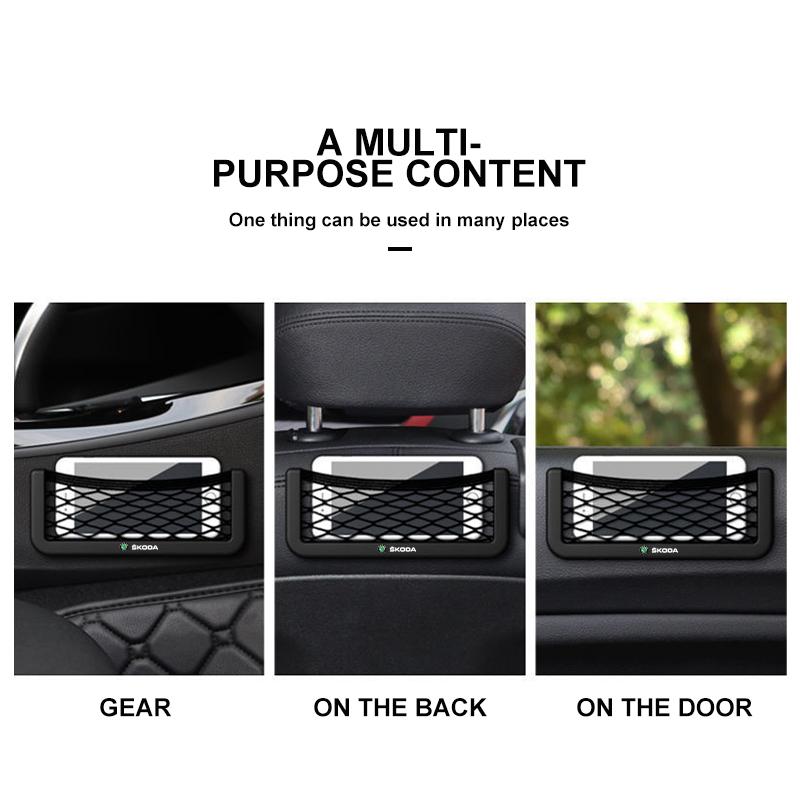 Car Organizer Storage Bag Auto Paste Net Pocket Phone Holder Car Accessories For Skoda Octavia Superb Rapid Kodiaq Karoq Fabia Kamiq Roomster Citigo