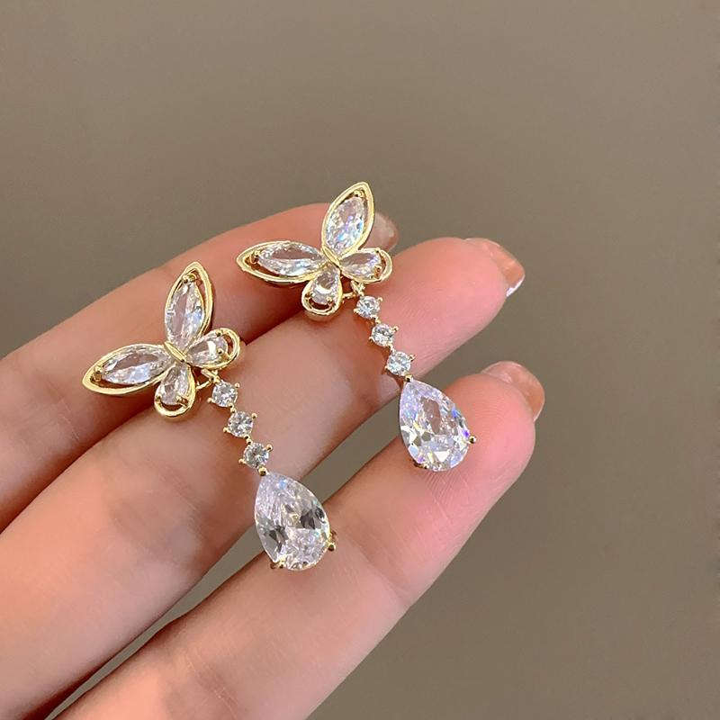 Korean Luxury Crystal Flower Butterfly Earrings For Women Sweet Zircon Drop Earrings Girls Party Jewelry Bijoux Gifts