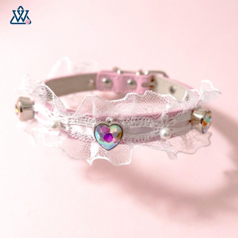 Lace Pet Collar With Rhinestone Heart Adjustable Dogs Cats PU Material XS-L Sizes Pink Blue