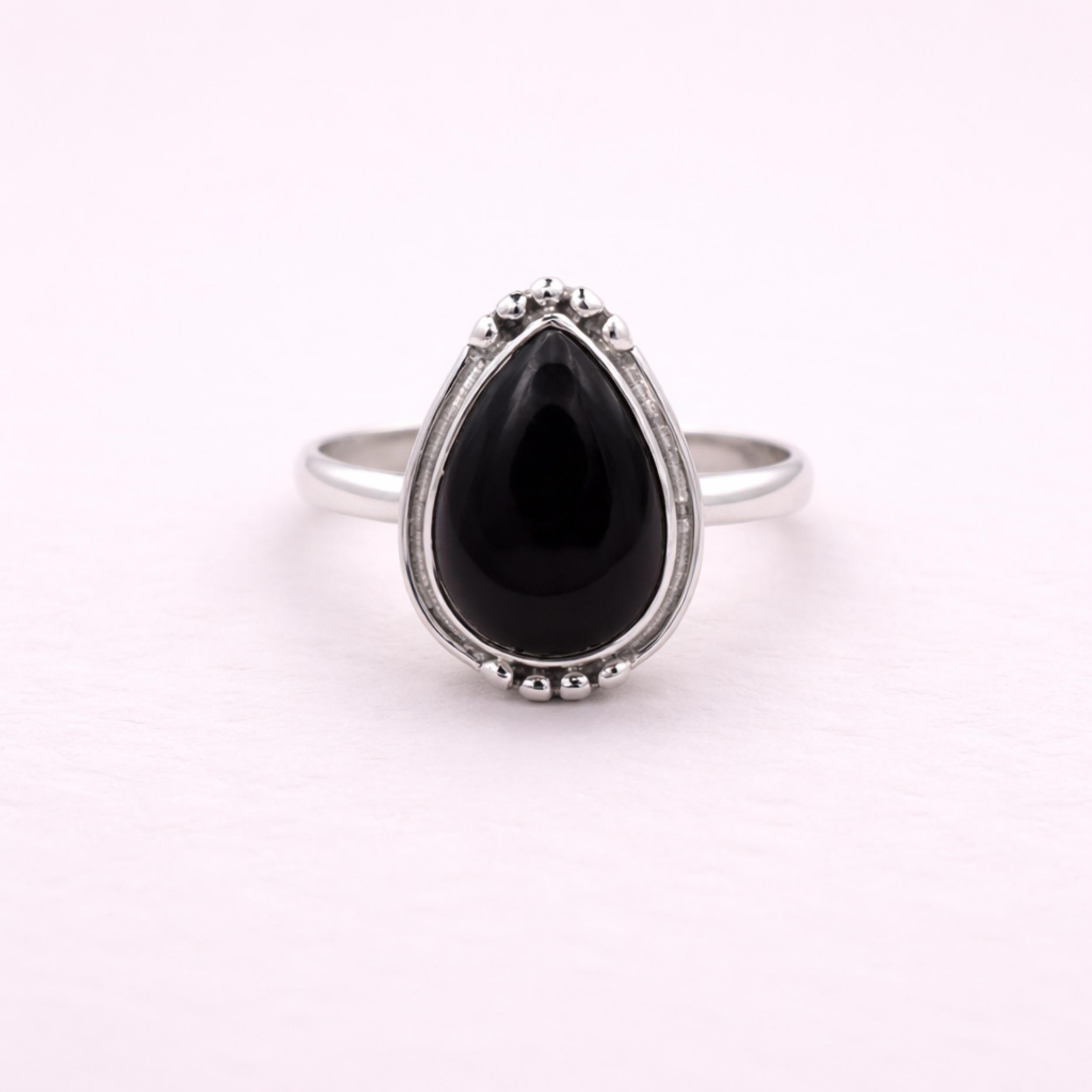 Black Onyx Pear Ring in 925 Sterling Silver, Dainty Boho Gemstone Ring for Women, Minimalist Handmade Jewelry 4 серебряный