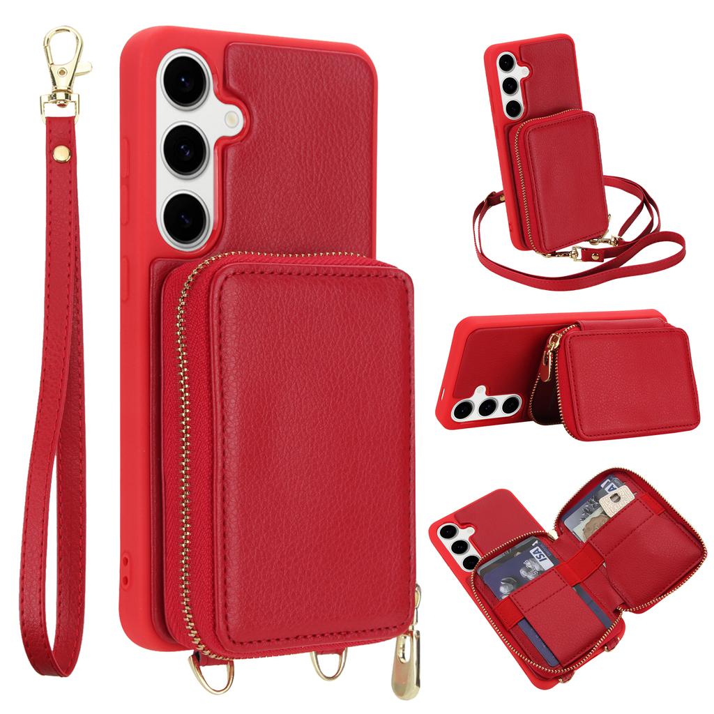 For Samsung Galaxy S25 FE Case RFID Blocking Zipper Wallet Leather + TPU Phone Cover with Shoulder Strap
