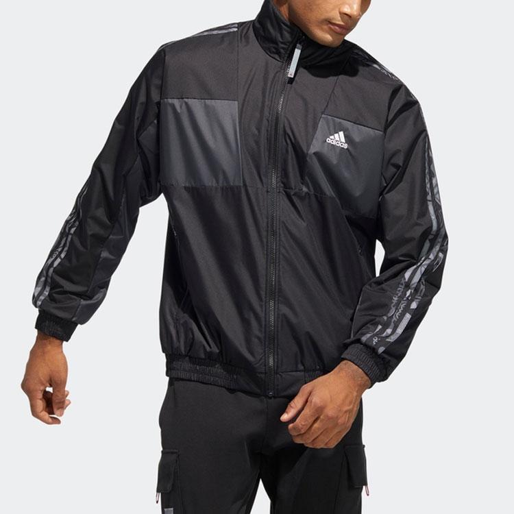 Adidas Logo Print Reversible Fleece-Lined Color Block Stand Collar Jacket Men Outerwear Black HC0268