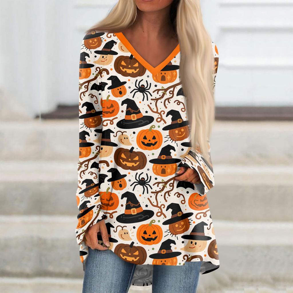 Women's Casual Long Sleeve V-Neck Halloween Print T-Shirt Mid-Length Top