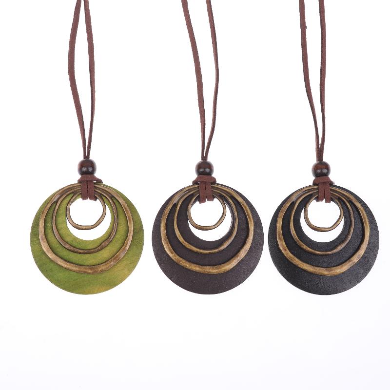 Leather Cord Chain Multilayer Geometric Circle Wooden Pendant Necklaces Vintage Long Sweater Necklace Jewelry Gifts