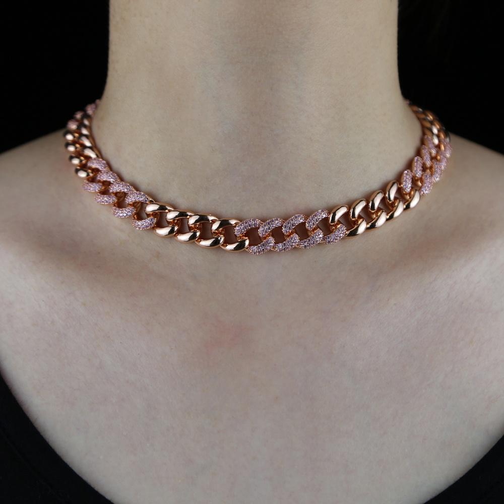 Angebot Neues Design Bling Kette Roségold plattiert rosa Zirkonia Miami Cuban Link Damen Halskette