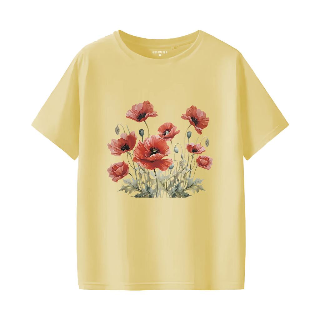 Beautiful flower print short sleeved round neck Womens Tshirt for spring and summer versatile Womens Tshirt
