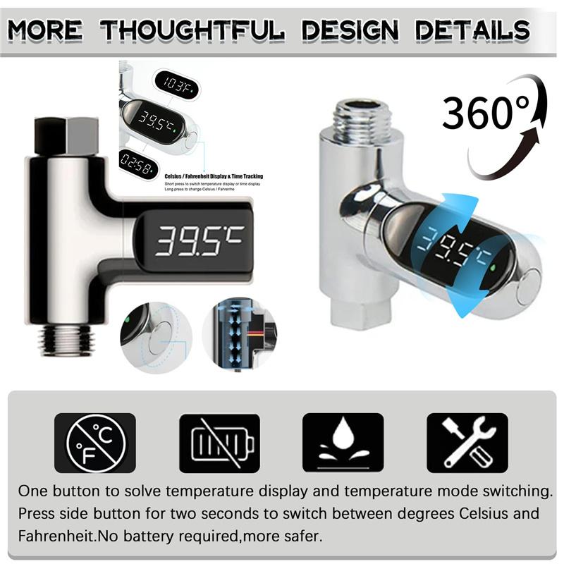 Shower Thermometer LED Display Baby Bath Water Thermometer Meter 360° Rotation Flow Water Self-Generating Temperture Monitor