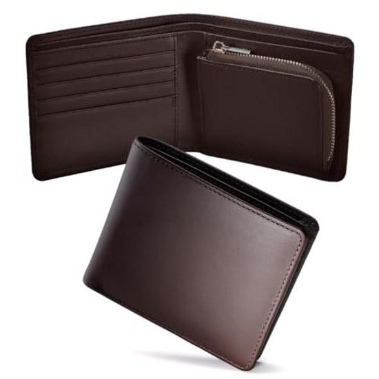 Tokyo Shitamachi Kobo Wallet Mens 2-Fold Genuine Leather Made Japan Artisan Finish Smooth Zipper Large Capacity (Brown)