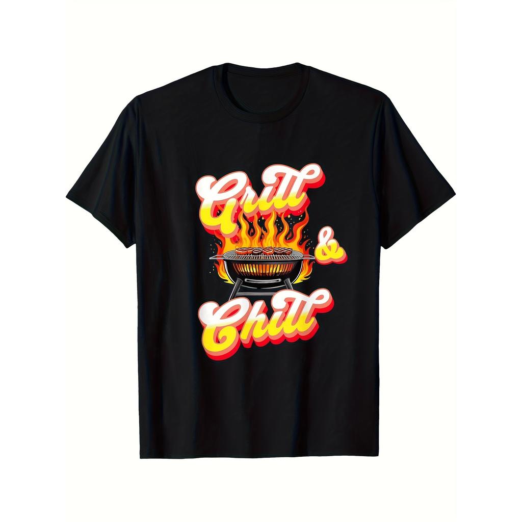 Men'S Retro BBQ Graphic Tee - Black Short Sleeve Shirt Featuring Bold Red And Yellow Flame Desi