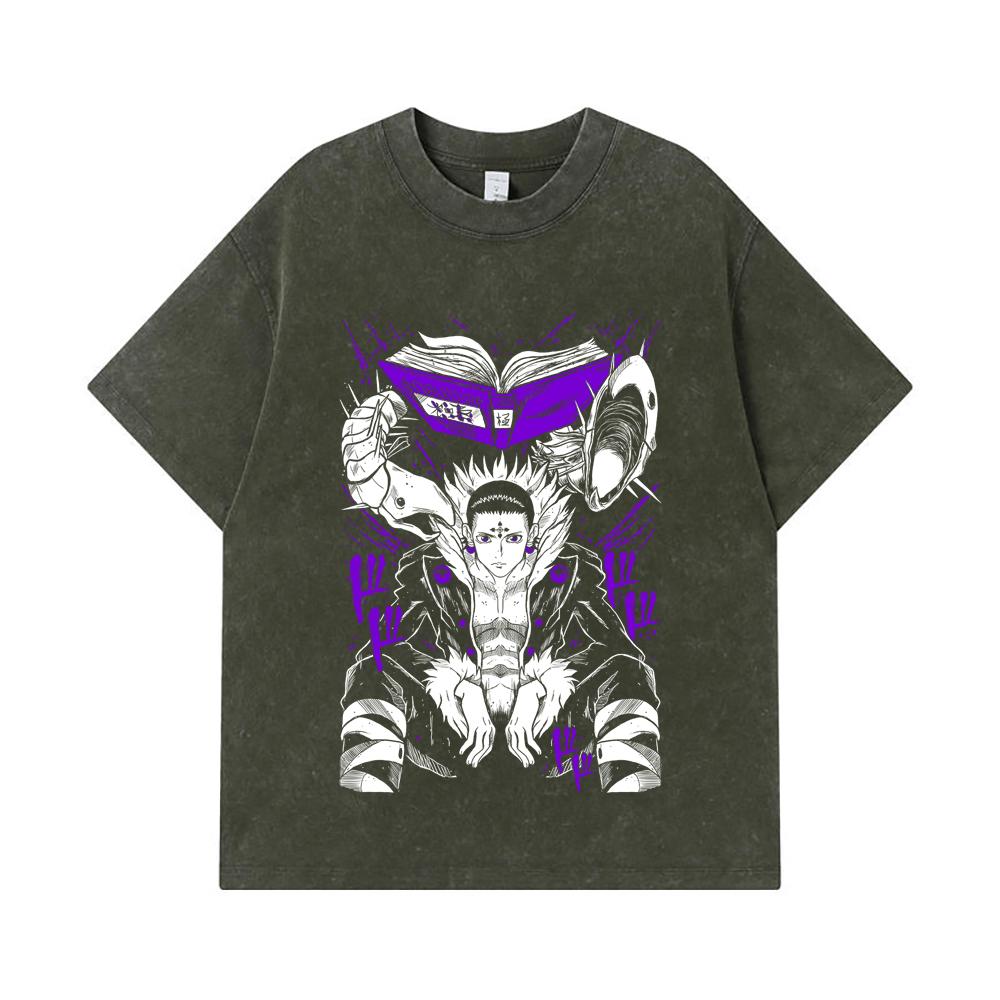 

275 GSM Washed T-shirts 100% Cotton HXH V4 Chrollo Print Unisex Heavy Cotton T Shirt S армия зеленый