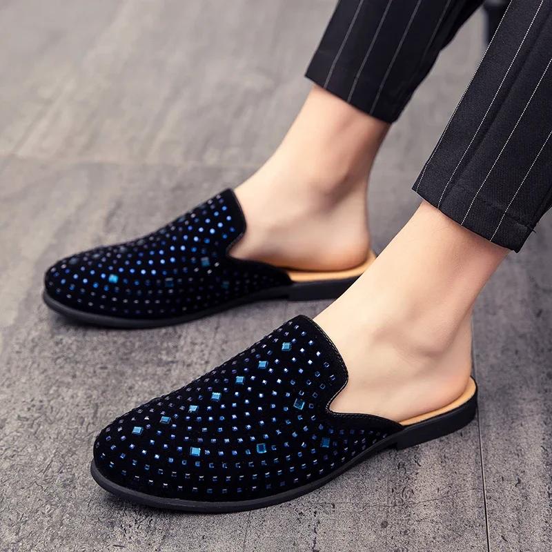 Men Half Slipper Shoes for Men Rhinestone Luxury Loafers Man Male Fashion Casual Shoes Mules