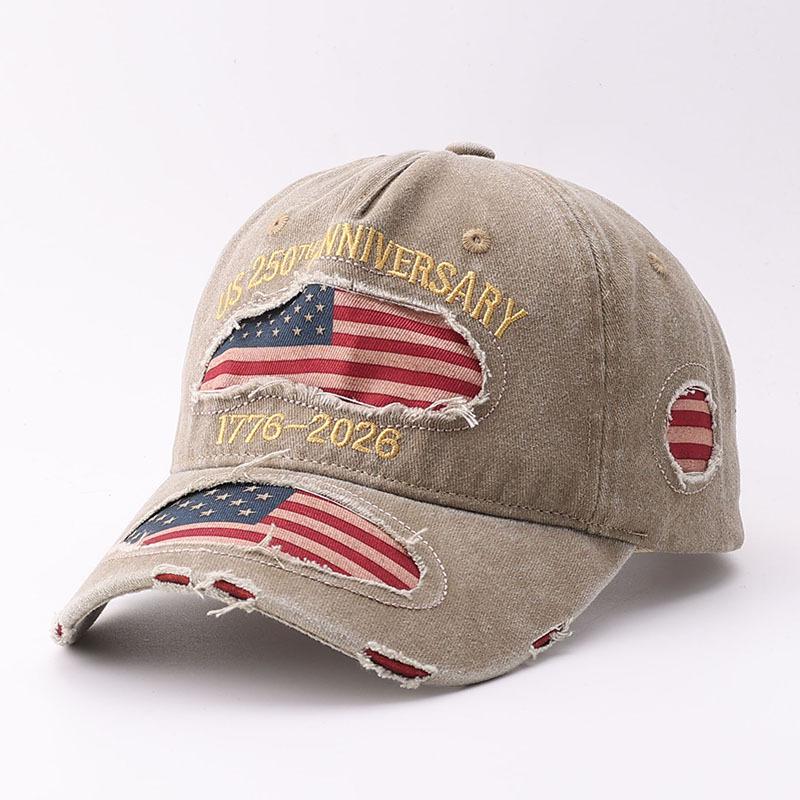 Ripped national flag baseball cap European and American personality old embroidery letter cap
