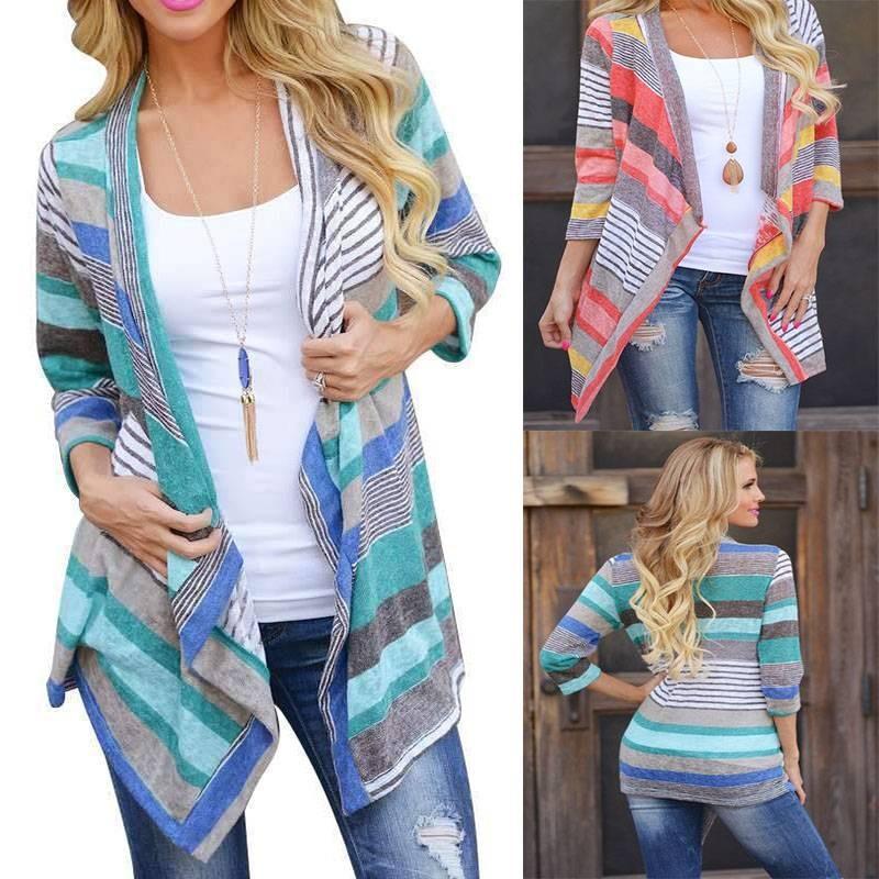 Elegante Cardigan Asimmetrico a Righe con Maniche a Tre Quarti per la Moda Autunnale
