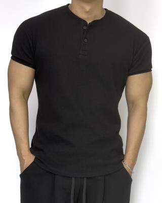 Pasiensia Muscle Fit Waffle Henley Neck Short Sleeve Black